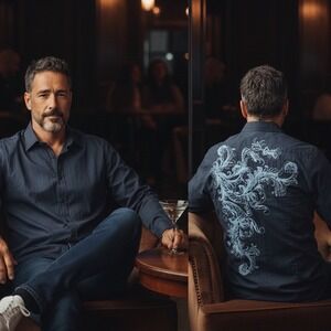 7 Diamonds Mens Navy Blue Scroll Embroidered Long Sleeve Button Down Shirt Sz M